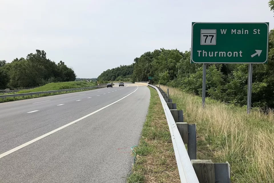 Green highway exit sign for Thurmont, Maryland.